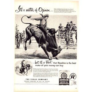1952 Texaco Halvoline Motor Oil Vintage Print Ad Rodeo Bull Riding 50s Wall Art